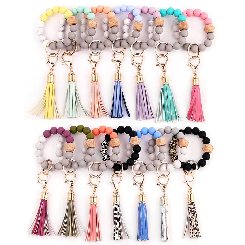 14 cores de madeira tassel bead cordão pulseira chaveiro grânulos de silicone cadeia mulheres menina chaveiro cinta chaveiros para carro pulseira com nylon macio borlas pulseira