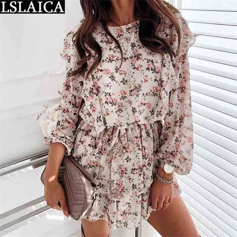 Moda Mulher Vestido Floral Impressão Ruffles Luva Longa O Pescoço Mini Cintura Alta Estatia Praia Férias Senhoras Es Roupas 210515