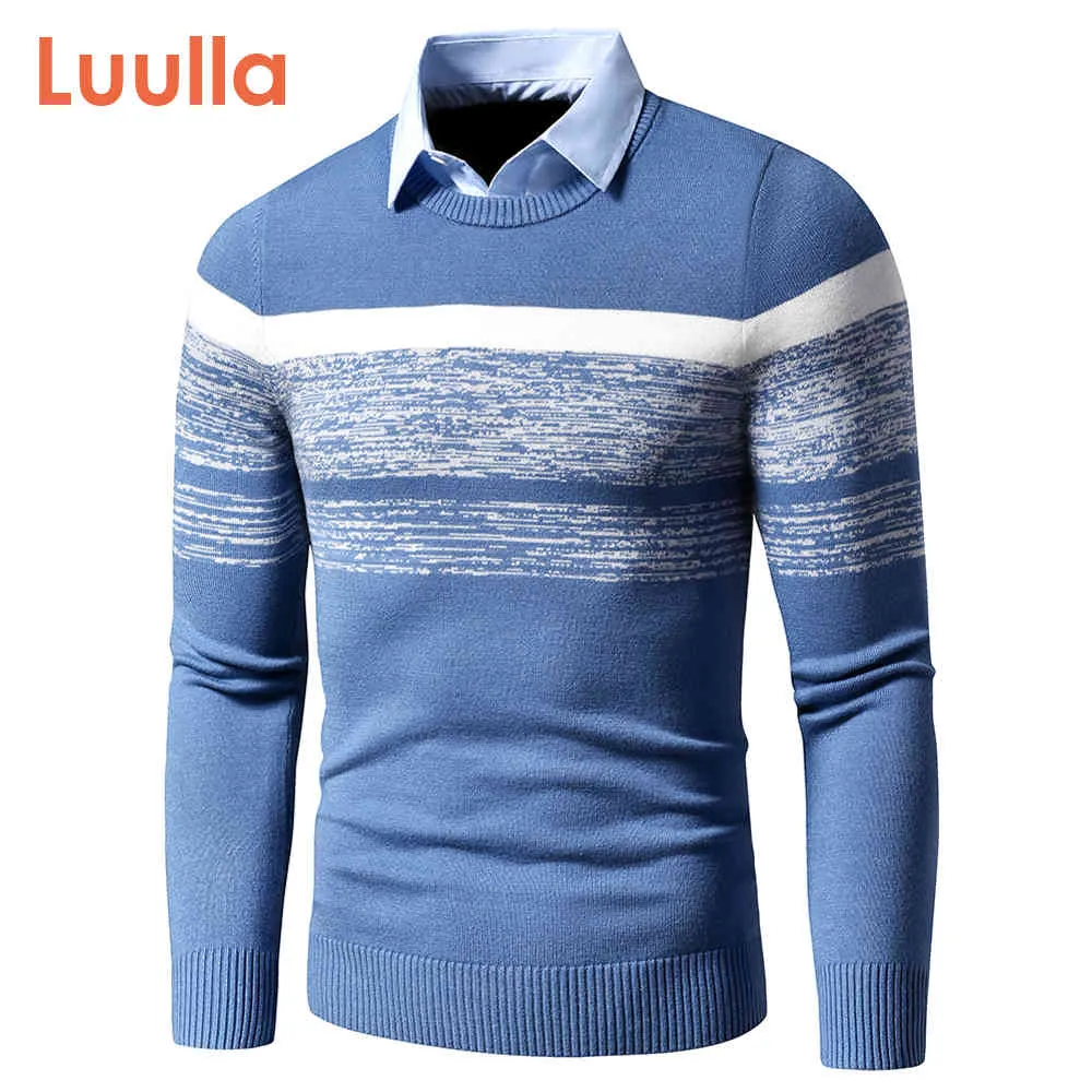 Autumn Winter Casual Brand Warm Pullovers Turn Down Shirt Collar Knit Pattern Outfits Sweater Coat Men