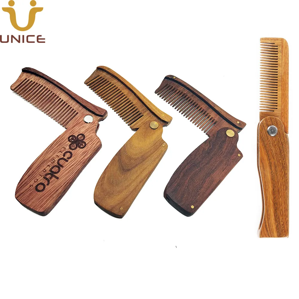 MOQ 50 PCS Amazon Choice Pliant Peigne À Cheveux LOGO Personnalisé Pliable Vert Bois De Santal En Bois Peignes À Barbe pour Hommes