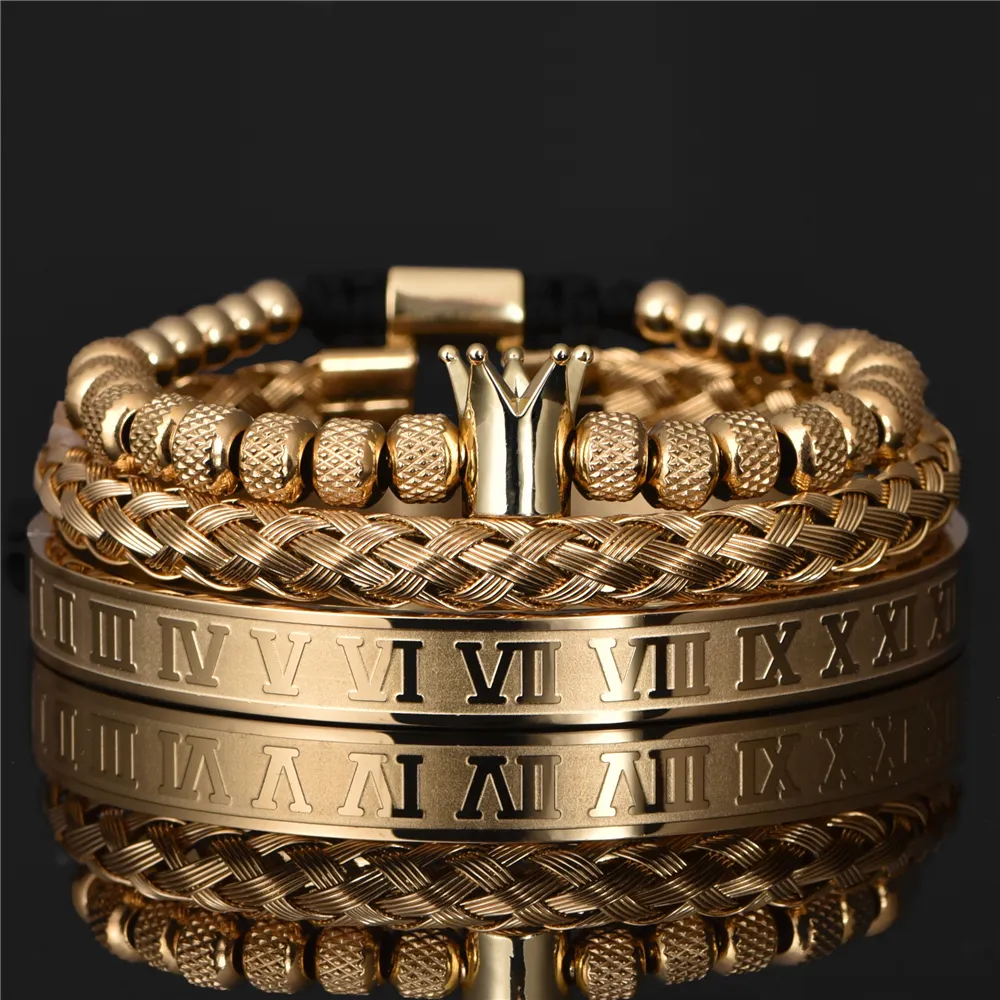 3 stks/set Luxe Romeinse Koninklijke Kroon Bedelarmband Mannen Rvs Geometrie Pulseiras Open Verstelbare Armbanden Paar Sieraden Gift