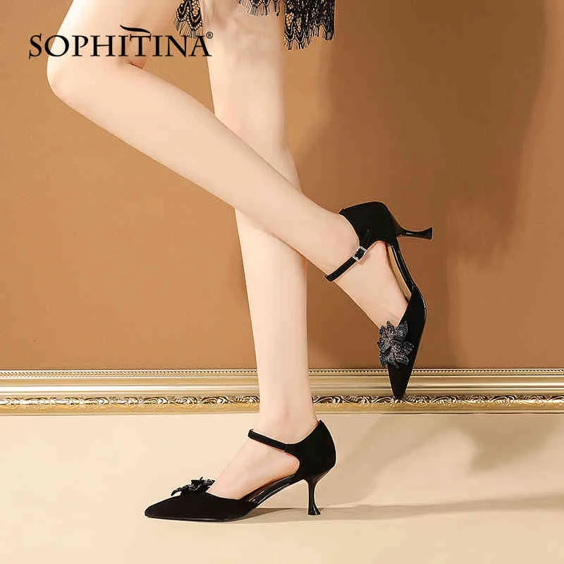 Sophitina Party Women's Sandals Flower Dekoration Spänne Elegant Stiletto Skor Cover Heel Spring Kvinna Skor AO740 210513