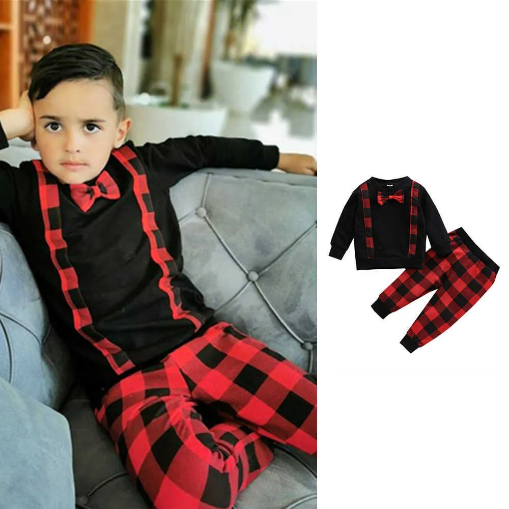 Baby Boy Christmas Roupas Set Low Laço Suéter Top Calças Xadrez Calças 6m-4y Criança Criança Festival Festival Casual Outfits G1023