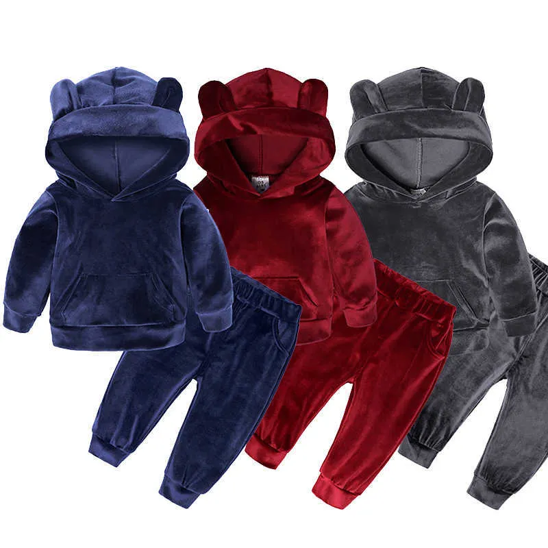 1-7Y bambini bambini ragazze ragazze ragazzi vestiti set inverno autunno vestiti per bambini sport maglione con cappuccio + pantaloni in velluto oro 2 pz abbigliamento x0902