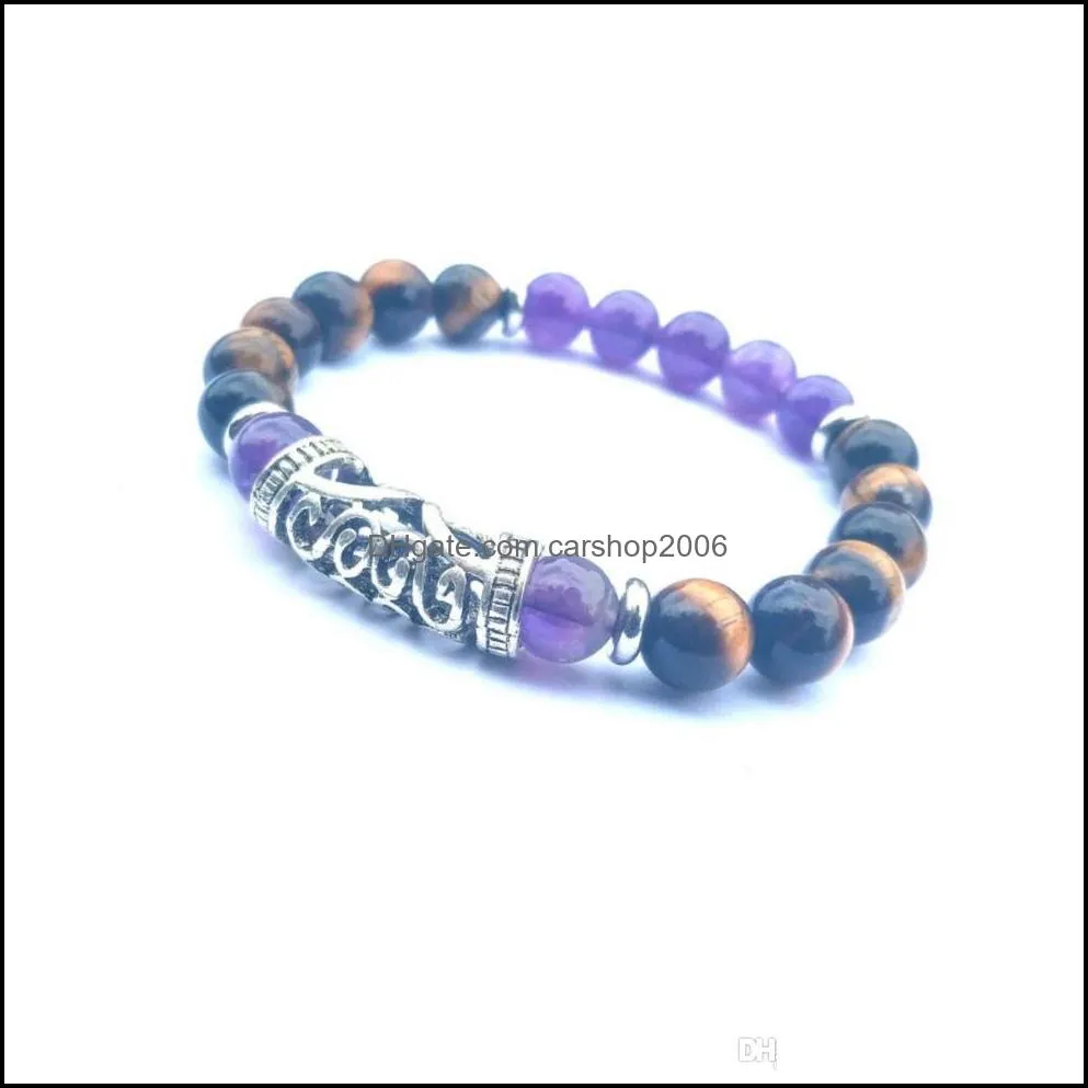 2019 new bracelet men and women 8MM amethyst tiger eye stone with long silver ring wrist jewelry