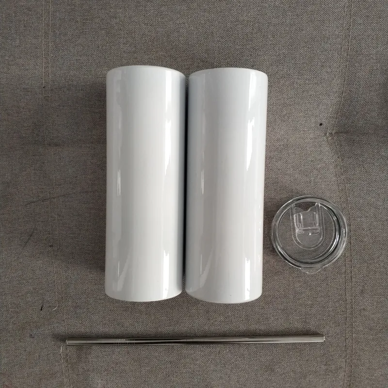 20oz Sıska Tumblers Süblimasyon Boşluklar Düz Kupalar Çift Duvar Yalıtımlı Silindir Su Tumbler Vakum Çay Bira Kupa ile Plastik Saman Kapakları