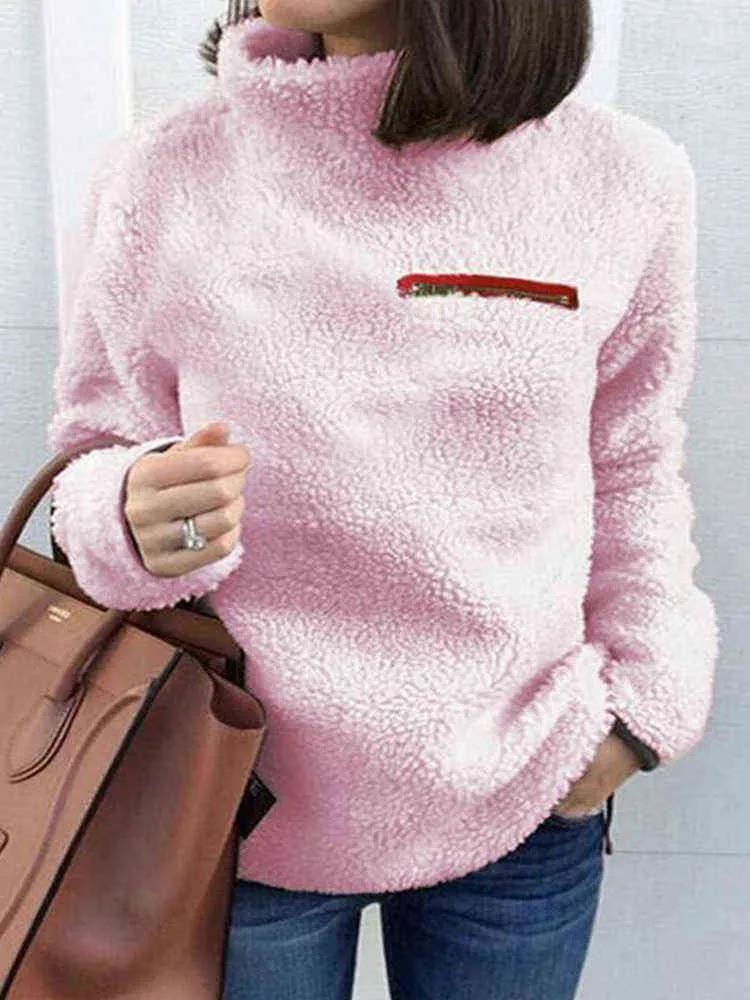 Moda-Kadın Tişörtü Sonbahar Kış Üst Uzun Kollu Peluş Sıcak Kazak Tunik Kadın Pembe Bayanlar Giyim Fermuar Streetwear