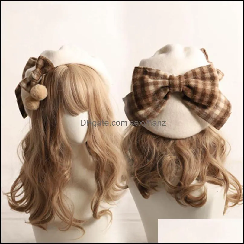 Berets Winter Cute Beret Women British Fashion Retro Big Bow Plaid Painter Hat Girl Female Beanies Wholesale 2021