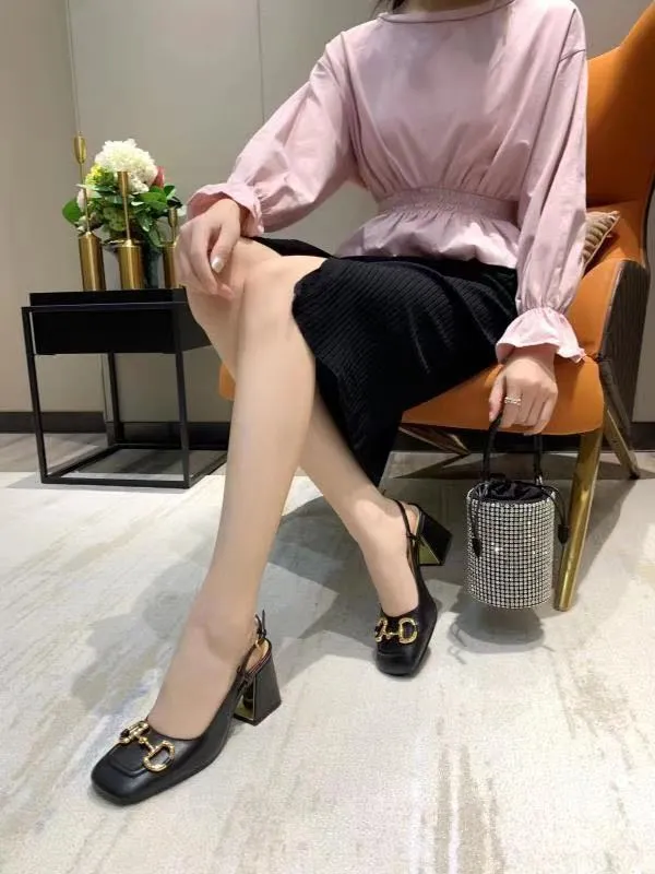 high quality sandal ! 2021031802y 40/41/42 black/beige/white golden buckle sling back chunky heels 7.5cm square toe work fashion sandals