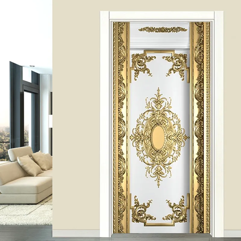 Самострадальная дверь наклейка европейского стиля роскошь золотые резьбы обои гостиная спальня плакат роспись пвх водонепроницаемый стикер 210317