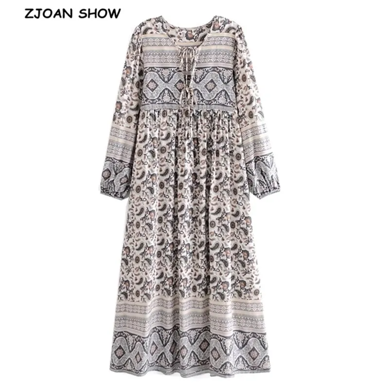 Bohemia Bandage Lacing Up Collar Cinza Paisley Floral Impressão Vestido Boho Mulher Hit Color Manga Longa Maxi Vestidos de Férias 210429