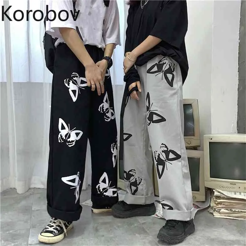 Korobov koreanska mode kvinnor fjäril tryck ulzzang byxor sommar höga midja elastiska kvinnor byxor stretwear bredben byxor 210430