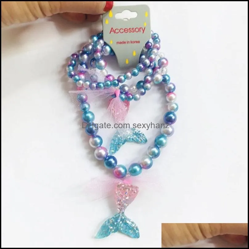 1 Set Fashion Candy Color Bubblegum Beads Necklace Cute Mermaid Tail Pendant Necklace for Kids Girls Party Jewelry Birthday Gift