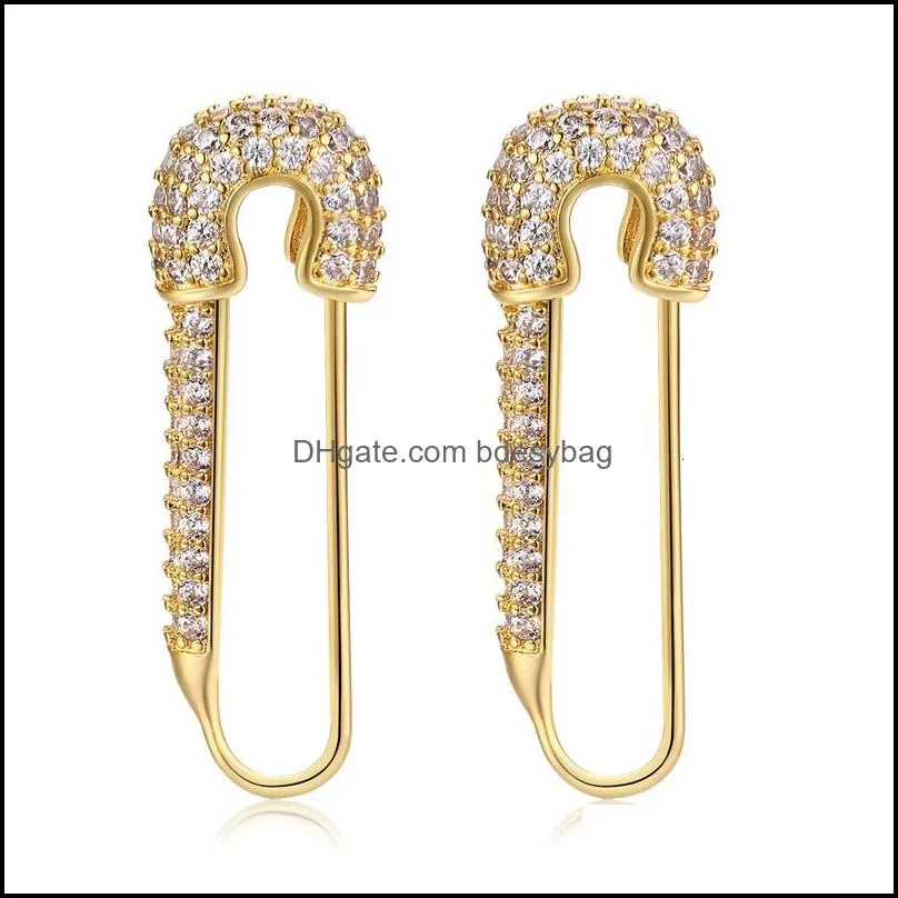 Stud Gold Safety 925silver Color Pin Earring Black CZ Stone Zircon For Women Charm Jewelry