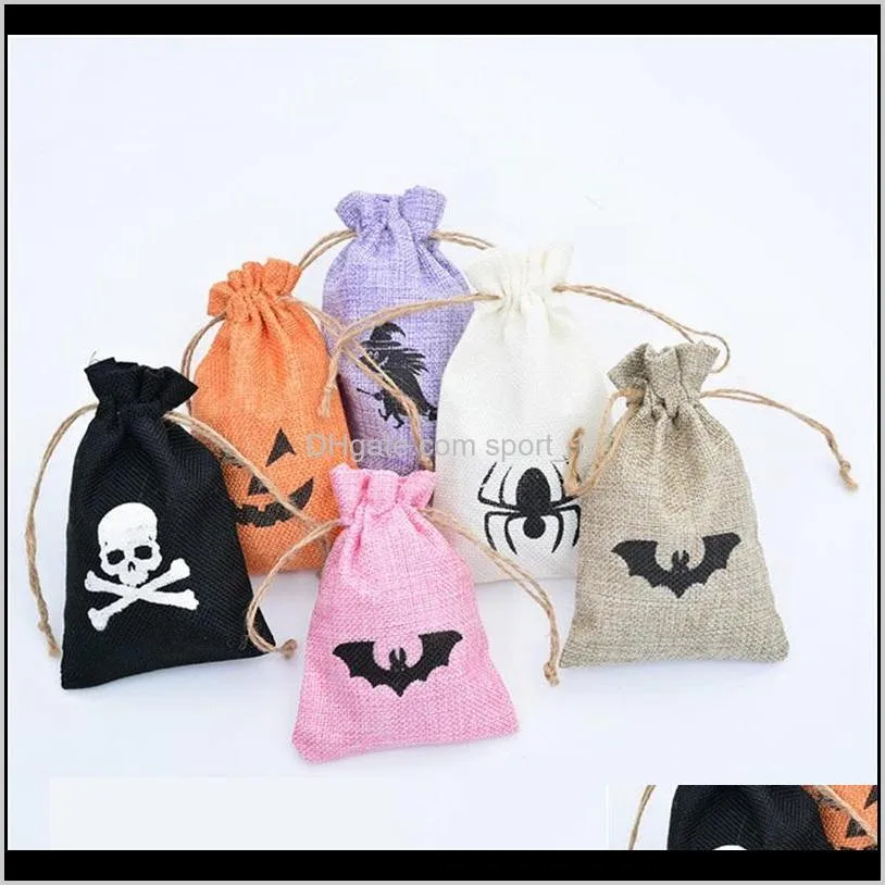 Halloween Linen 6 Styles DrawString Bags Kids Gifts Pouch Candy Bat Skull Witch Pumpkin Decorations Uje2H Gift Wrap LM6WE