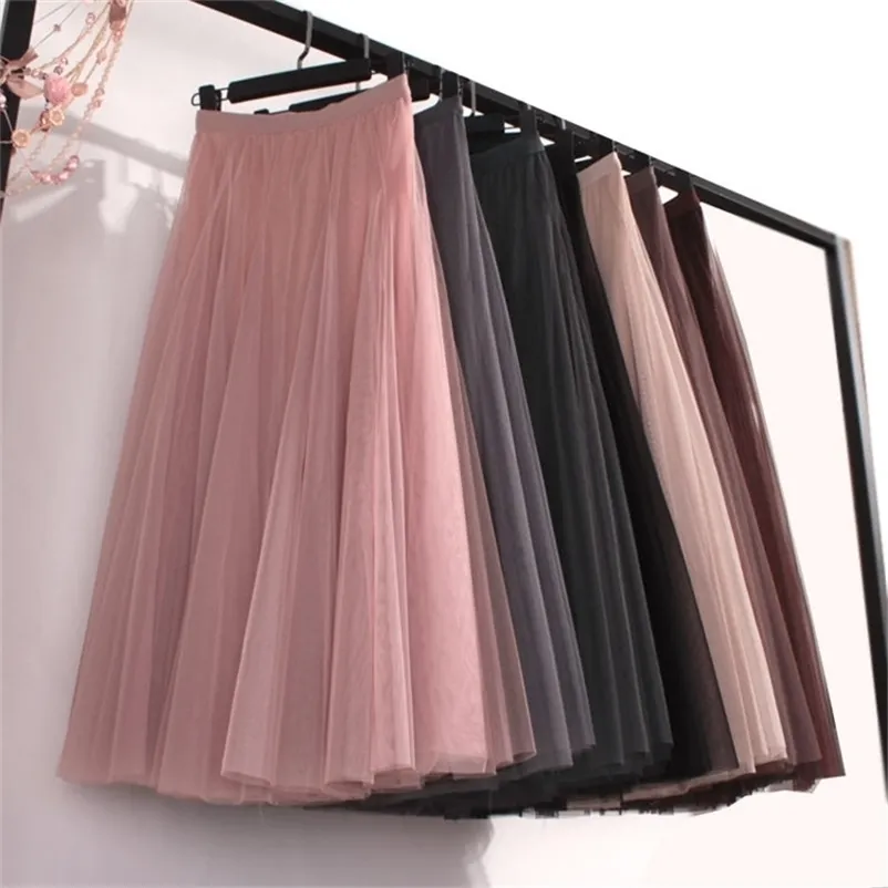 Plus Taille Taille Haute Tulle Jupes Femmes Longue Plissée Noir Rose Élégant Maxi Femelle Printemps Été Coréen Maille 210421