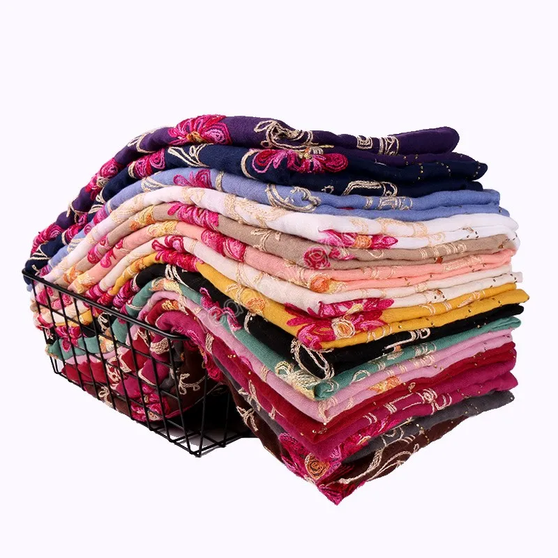 Embroider Scarf Diamond Floral Hijab Shawls Muslim Cotton Stone Pashmina Wraps Headband Fashion Long Scarves 180*90cm