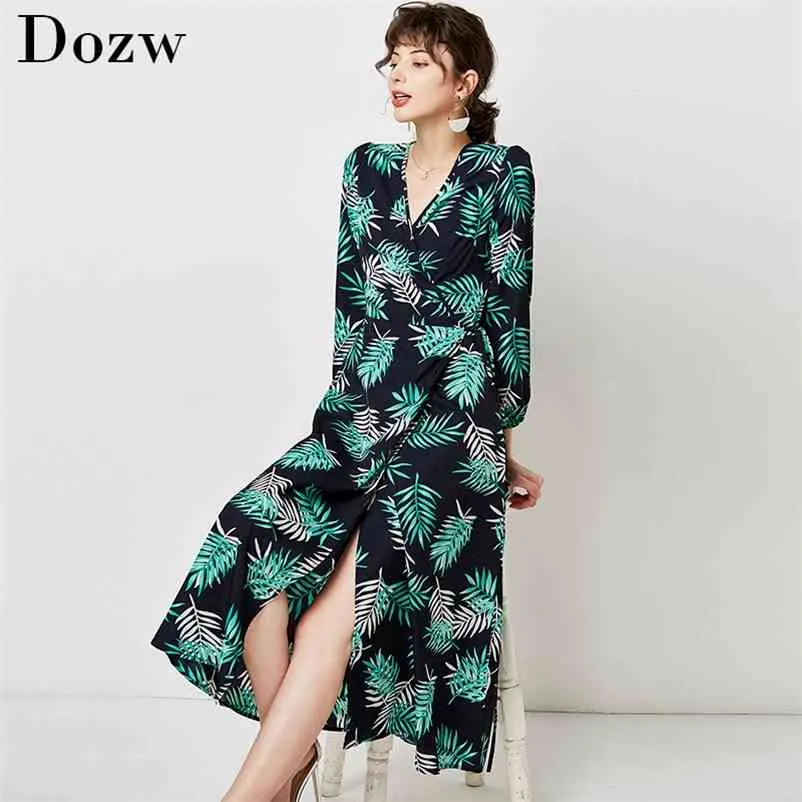 Femmes col en V Sexy fendu Robe élégante Vintage imprimé fleuri Boho longue décontracté lanterne manches dames Midi es Robe 210515