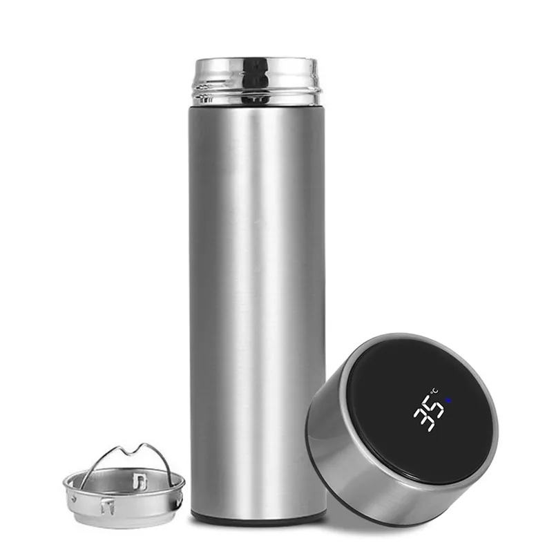 LCD Temperature Display Thermos 500ML Water Bottle Stainless Steel Smart Vacuum Insulated Flasks Leak Proof Keep & Cold Gym 211109