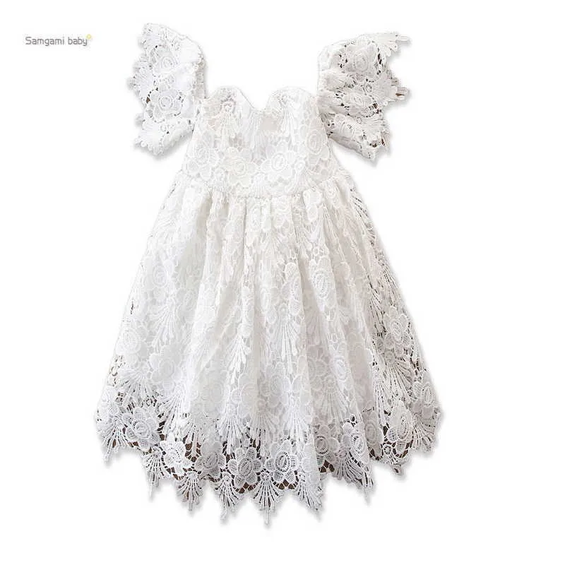 Gros été fille robe broderie dentelle hors de l'épaule blanc Flare manches princesse enfants vêtements E93007 210610