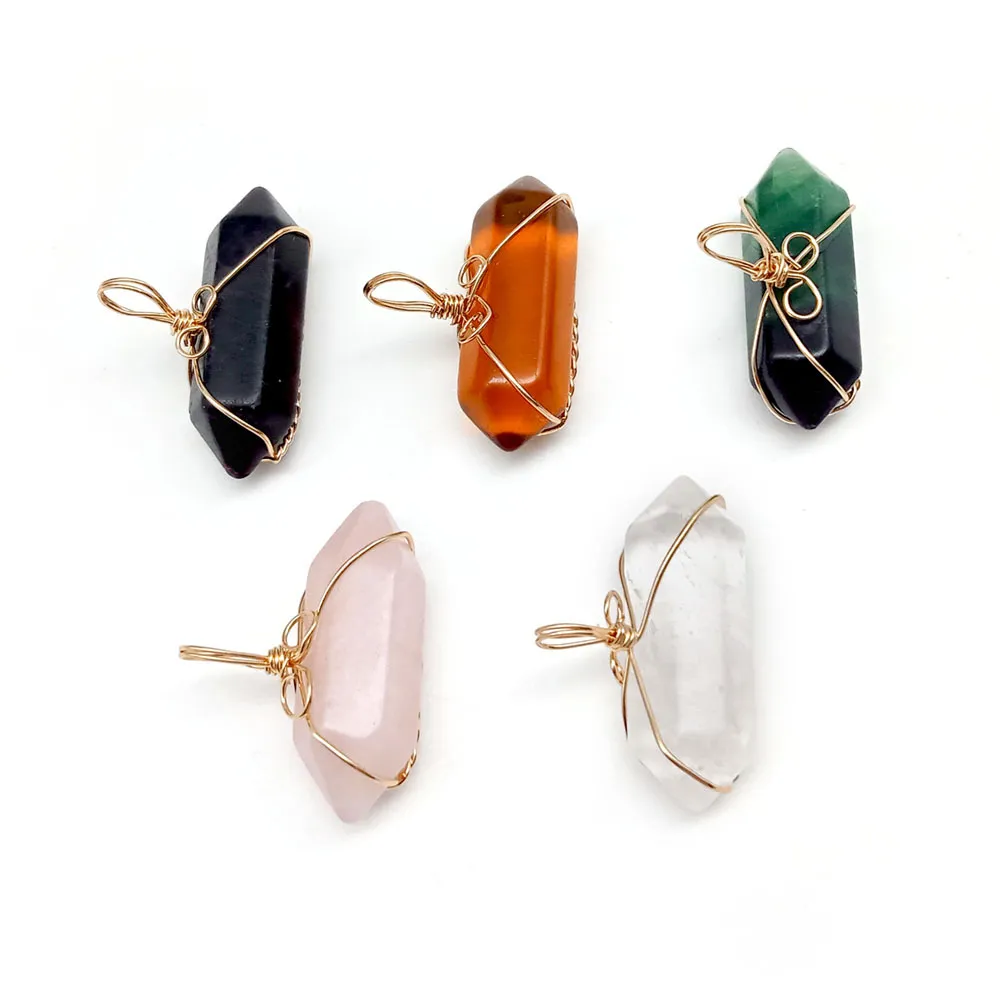 Natural Crystal Bullet Forma Chakra Stone Encantos Hexagonal Prismas Methyst Rose Quartz Pingentes Para Acessórios de Jóias Fazendo Atacado