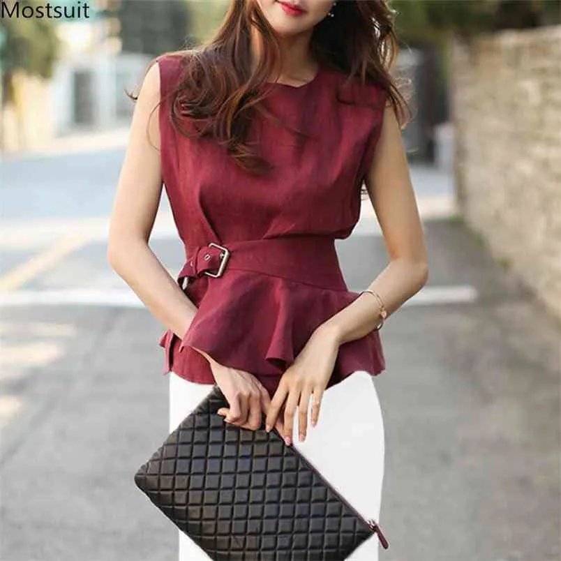 Summer Elegant Cotton Linen Tops Sleeveless Ruffles O-neck Tank Korean Office Lady Outwear 210513