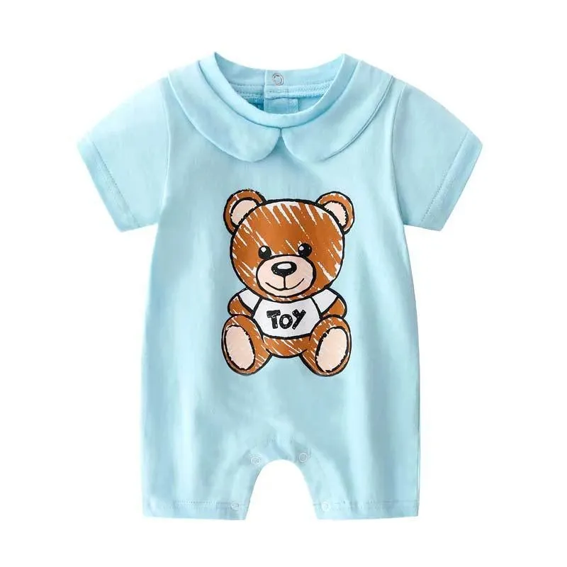 Småbarnflickan pojke kläder rompers pyjamas tecknad bomull kort ärm spädbarn jumpsuit bodysuit för nyfödd