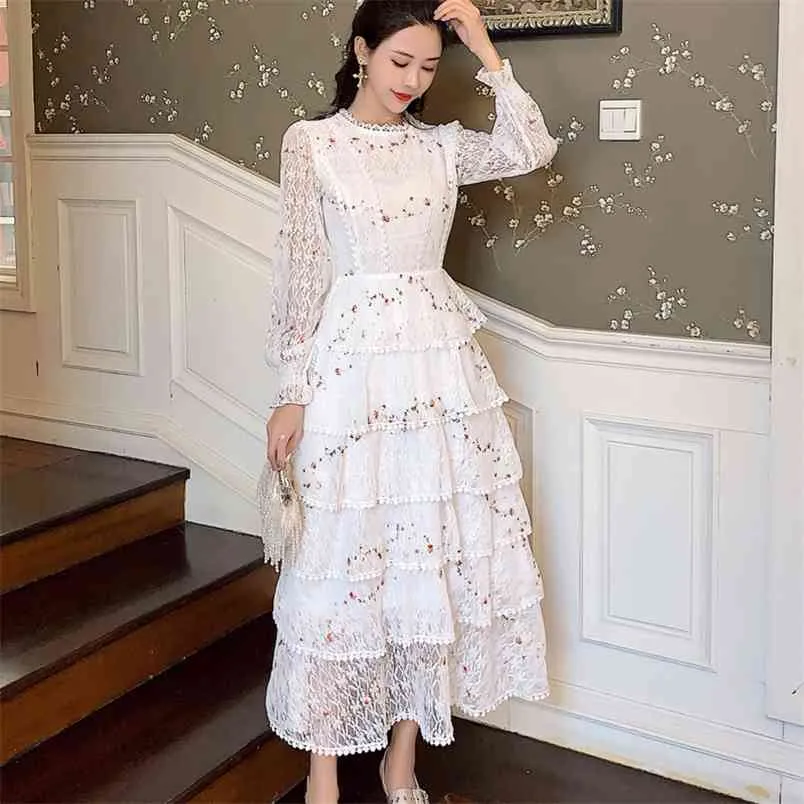 Vintage Spring Women Lace Embroidery Streetwear Ruffles Layered Midi Long Dress Elegant Princess Party Holiday Vestidos 210514