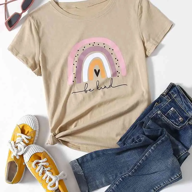 Be Kind Heart Graphic Tee Khaki Kawaii Cute Summer Fashion Casual Divertente 100% cotone O collo T-shirt da donna Harajuku Hipster Top 210518