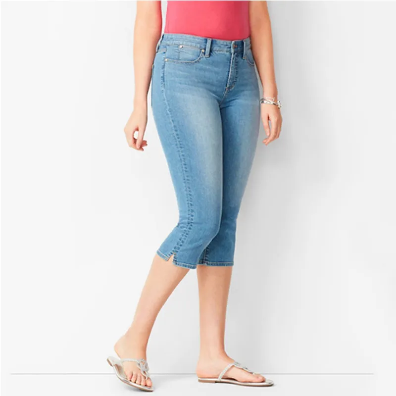 Stil 4xl plus storlek jeans kvinna capri byxor sommarbyxor mitten midja tvättad denim shorts kalvlängd bomull avslappnad kläder