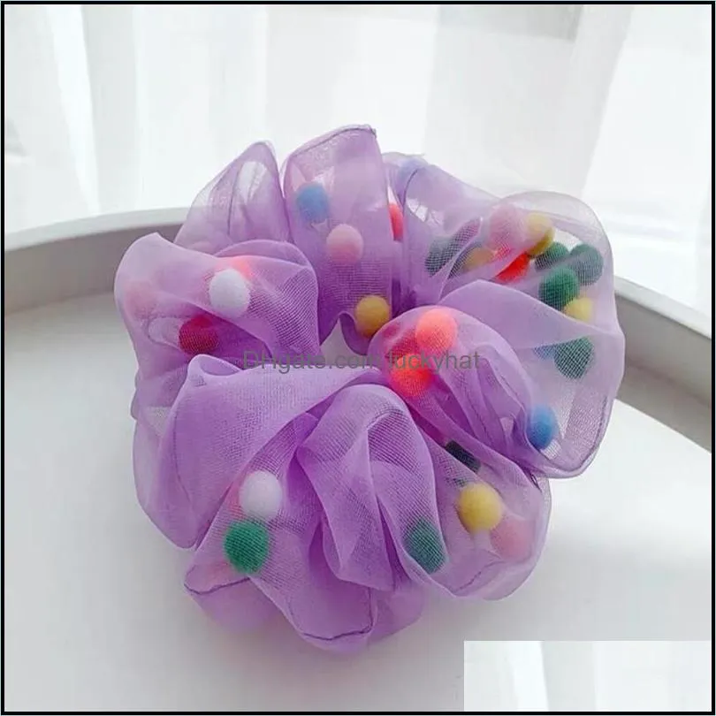 2020 New Korea Cute Organza Colourful Plush Ball Big Elastic Hair Band Hair Accessories Ponytail Holder for Women