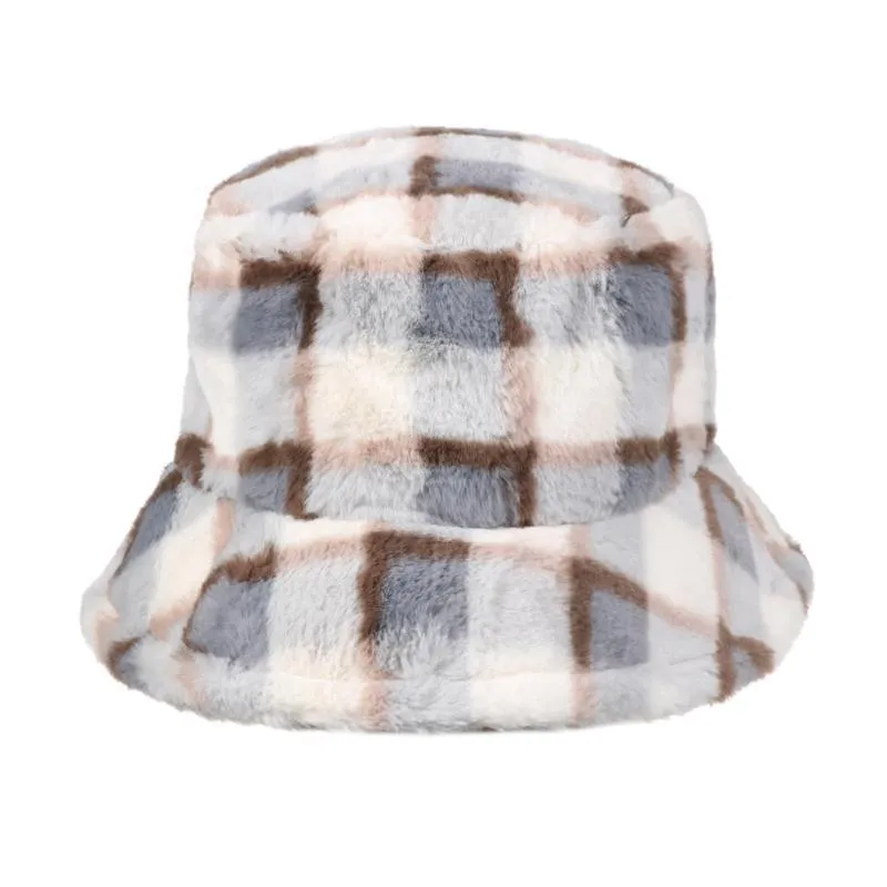 Wide Brim Hats 1Pc Women Bucket Hat Faux Fur Fisherman Cap Winter Thickened Warm Lattice Outdoor Cloche Caps Accessories