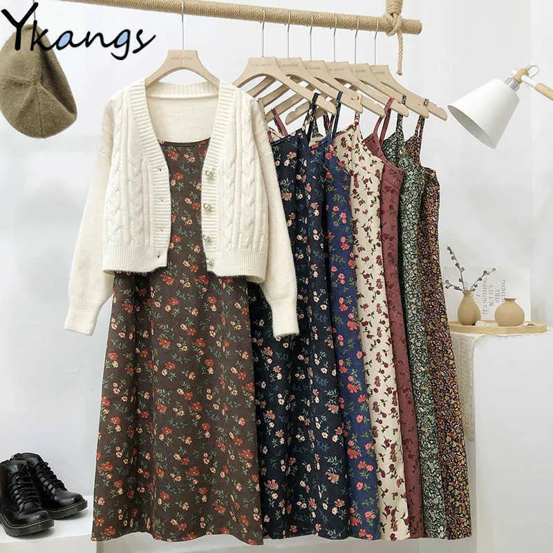 Vestido largo de pana Vintage de invierno para mujer, vestido largo con tirantes de estilo coreano a la moda para otoño, vestido Maxi con estampado Floral de oficina para mujer 210619