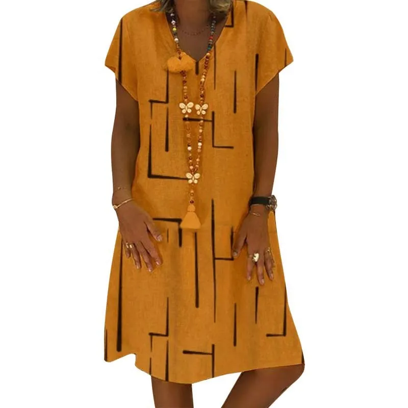 2021 Sommar Casual Midi Dress Women Print V-Neck Kortärmad Vintage Plus Storlek Lösa Klänningar Kvinna Beach Boho Yellow