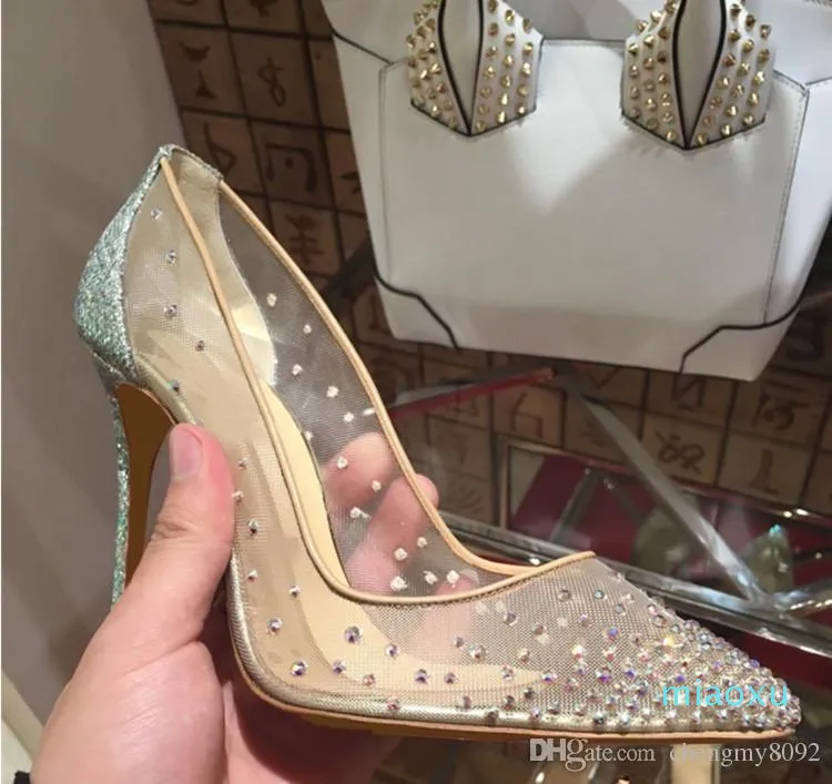 2019 nuova primavera estate Stili eleganti scarpe da donna Strass tacchi alti cristalli scarpe a punta in mesh Pompe donna suola rossa scarpe da sposa