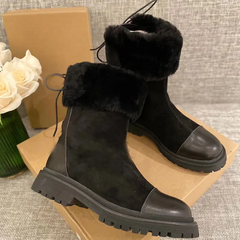 Thick Soled Sheepskin Woolen Rubber Flat Boots for Women with Rabbit Plush Pendant Fur