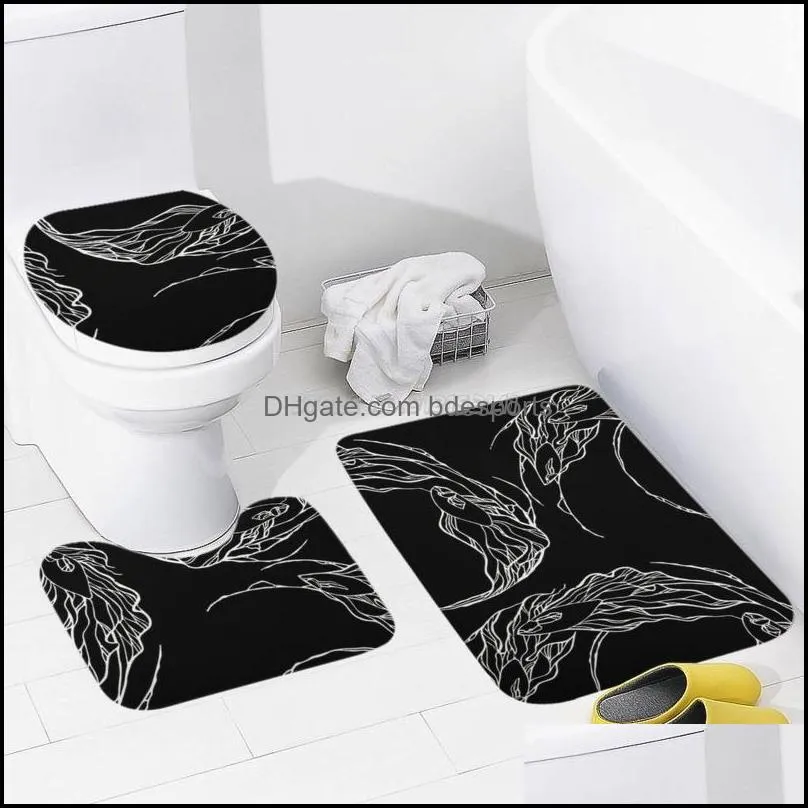 Bath Mats Koi Fish Swimming-black 3pcs Bathroom Set Coral Velvet Toilet Rug Cover Anti Slip Carpet For Home Decor