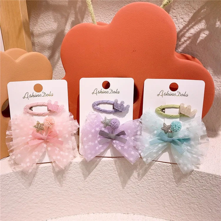 2 Pcs New Korea Fashion Children's Cute Crown BB Clip Sweet Girl Princess Beautiful Star Yarn Bow Duckbill Clip Hair Accessories