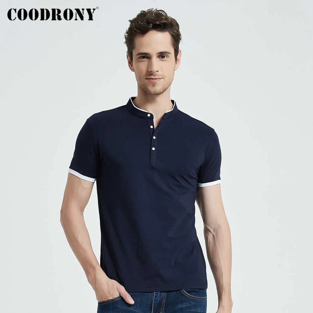 Coodrony Brand Mjuk Bomull Kortärmad T-shirt Män Kläder Sommar All-Match Business Casual Mandarin Collar T-shirt S95092 210623