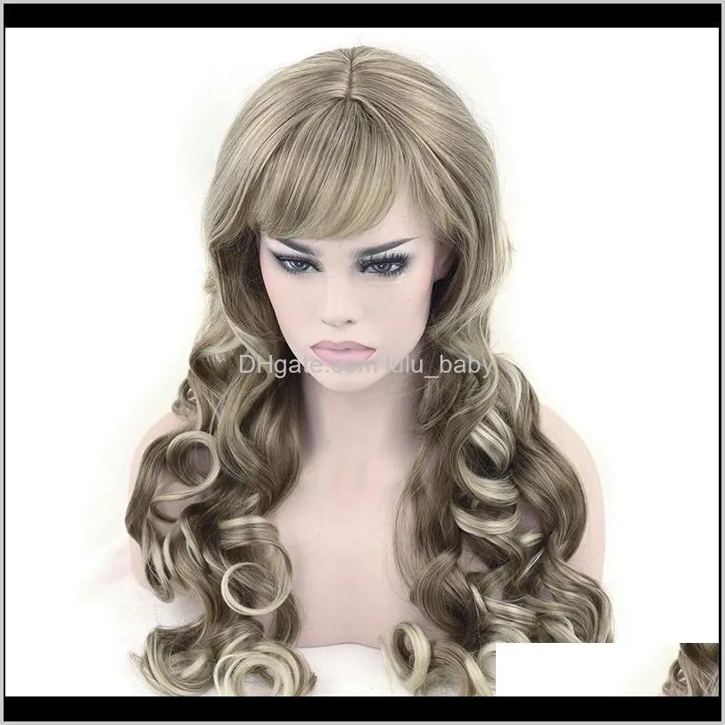 z&f 75cm 260g blonde and brown long big jerry curly wavy synthetic wigs nature hair with bangs for women