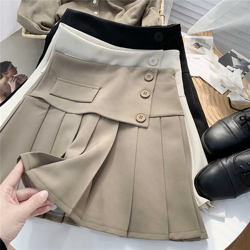 High-Waisted Pleated A-line Mini Skirts with Korean Buttons