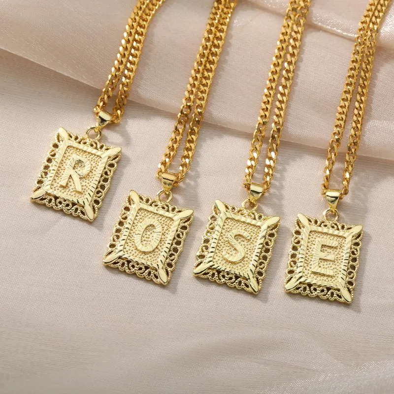 Chains A-Z Initials Letter Pendant Necklace For Women Men Gold Square Name Alphabet Charm Cuban Chain Couple Pendants Jewelry