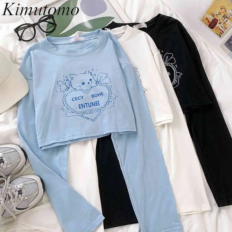 Kimutomo Cute Kitten List Drukuj Koszulka Kobiety O Neck Z Długim Rękawem Slim Talii Krótki Wild Top Spring Koreański Chic Casual 210521