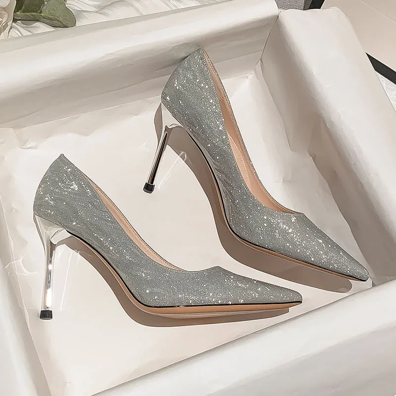 Elegant Bling High Heels Dress Shoes Party Wedding Sexy Pointed Toe Pumps Women Classics Slip On Sandals With Box Pink Gold Silver Footwears Ladies