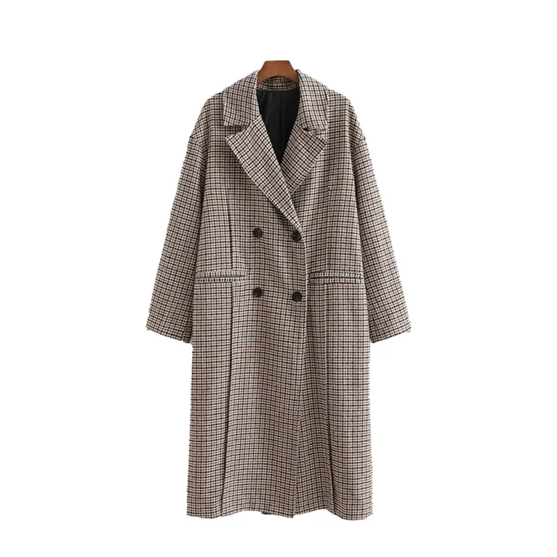 Vintage Kadın Boy Houndstooth Uzun Kalın Mont Kış Moda Bayanlar Gevşek Ekose Ceket Kadın Chic Sıcak Dış Giyim 210515
