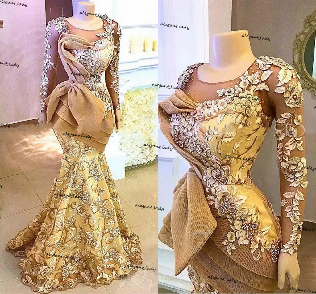 Złote Koronki Aso Ebi Suknie Wieczorowe Długie Rękawy Sheer O-Neck Syrenka Kobiety Korowód Suknie Organza Ruffles Prom Dress 2021