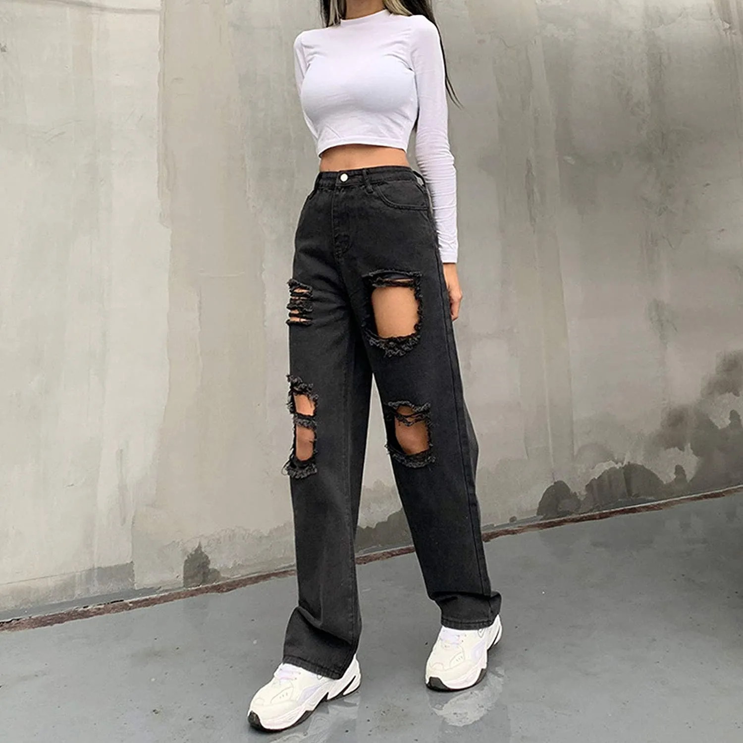 Drawstring High Waist Baggy Jeans Loose Fit Retro Style - Temu
