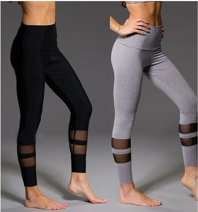 Womens Running Yoga Sports Fitness Gym Stretch Training Elastic legging caual Pants Mesh comfortable stripe pant