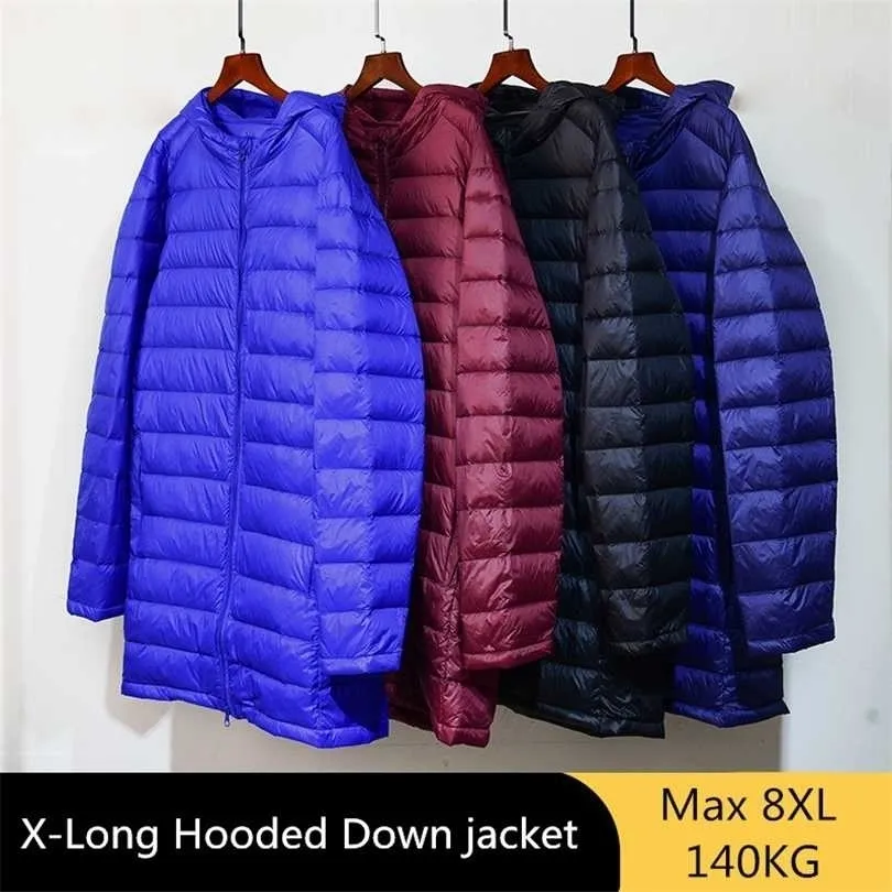 Oversize 5XL 6XL 7XL 8XL Mens Lightweight Down Jacket Autumn Winter Men's Hooded Long Casual Regular Ultra-thin Coat 211214