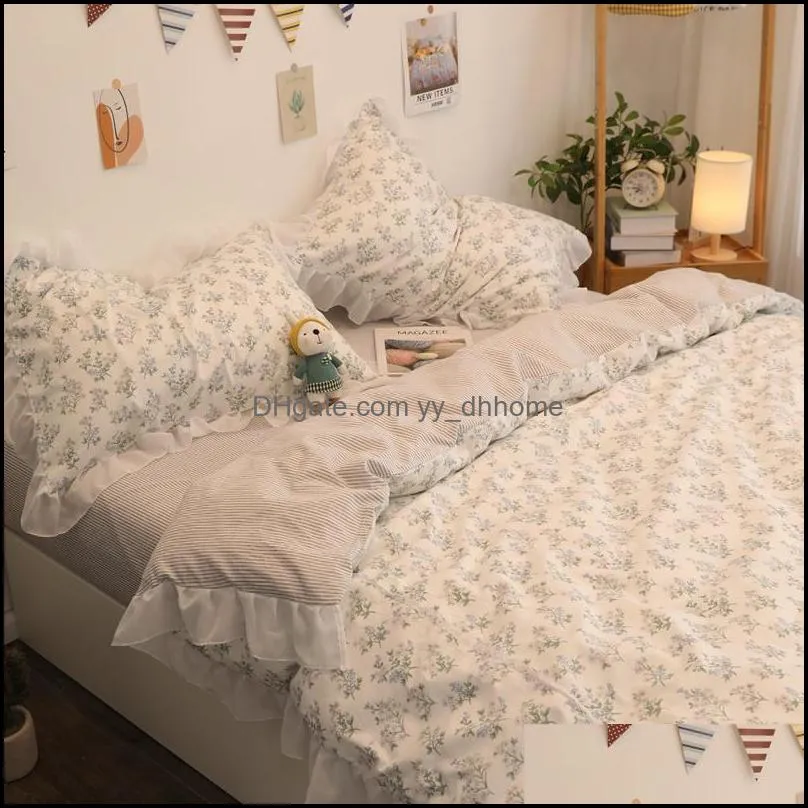 Bedding Sets INS Korean Style Lace Small Floral Three-Piece Set Pure Cotton Idyllic Bed Sheet Quilt Cover 1.8 M Four-Piece